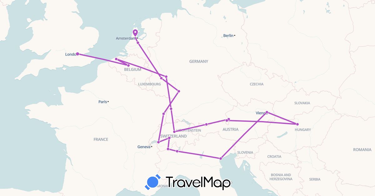 TravelMap itinerary: driving, train in Austria, Belgium, Switzerland, Germany, France, United Kingdom, Hungary, Italy, Netherlands (Europe)